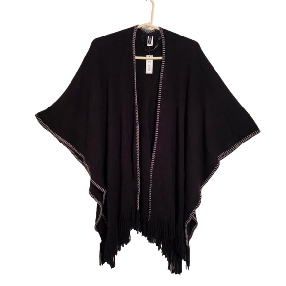 Apt. 9 Sweaters - NWT Black w Gray Embroidered Trim Fringed Open Front Sweater Poncho Size OS
